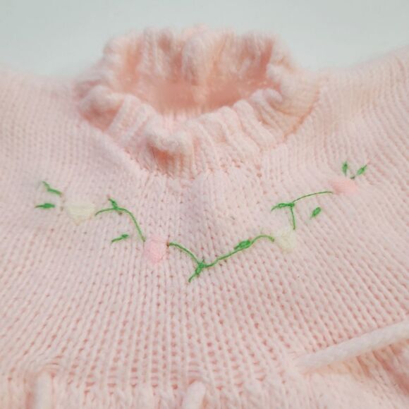 Vintage Pastel Pink Knit Sweater Baby Girl Dress Floral Embroidery - Picture 2 of 9